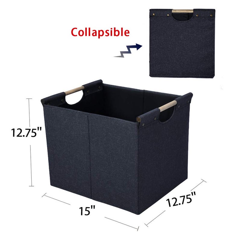 HOONEX Large Collapsible Storage Bins, Linen Fabric, 2 Pack, Storage Baskets with Wooden Carry Handles and Sturdy Heavy Cardboard, for Home, Office, Car, Nursery, Dark Grey - Image 4